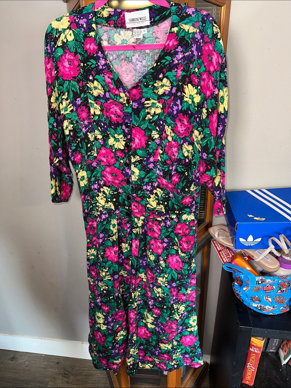 Caroline Wells Floral Long-Sleeve V-Neck Maxi Dress in Pink, Green & Yellow